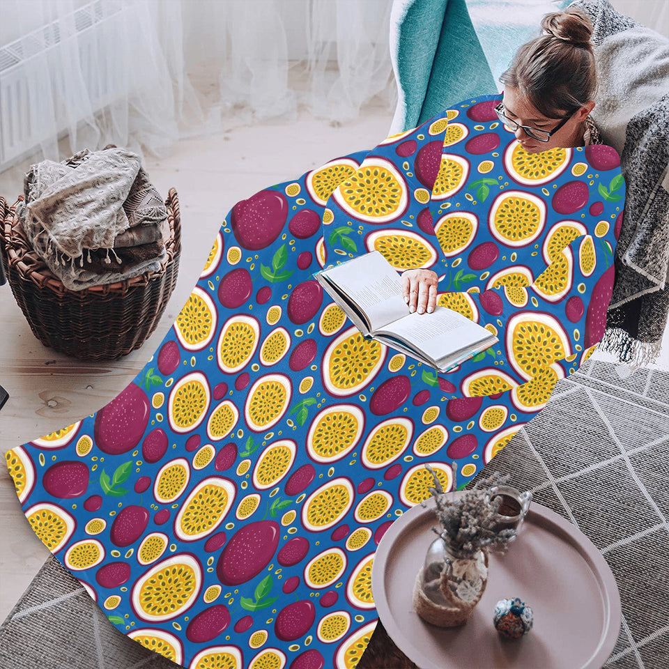 Passion fruit blue background Blanket Robe with Sleeves