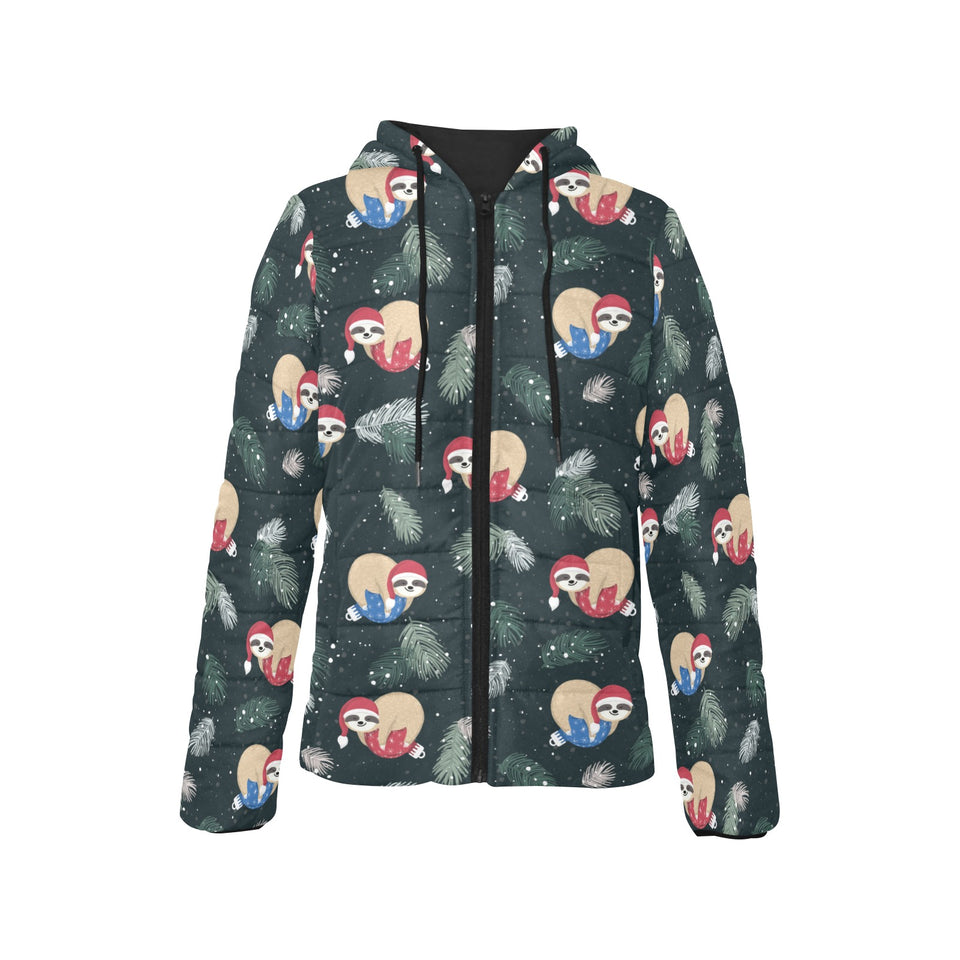 Cute sloths sleeping christmas ball santa hat patt Women's Padded Hooded Jacket