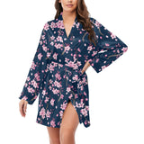 Pink sakura cherry blossom blue background Women's Long Sleeve Belted Night Robe