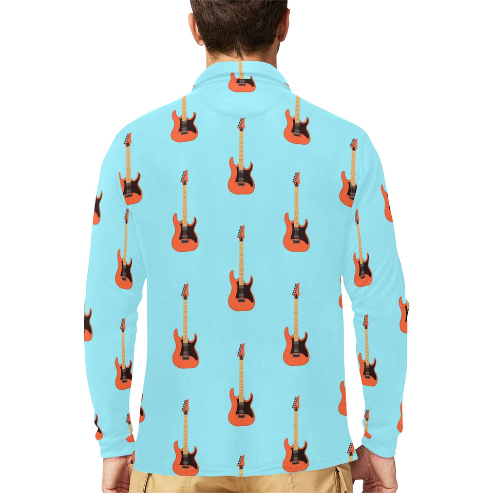 electric guitar pattern light blue background Men's Long Sleeve Polo Shirt