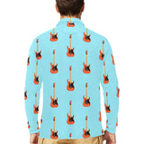 electric guitar pattern light blue background Men's Long Sleeve Polo Shirt