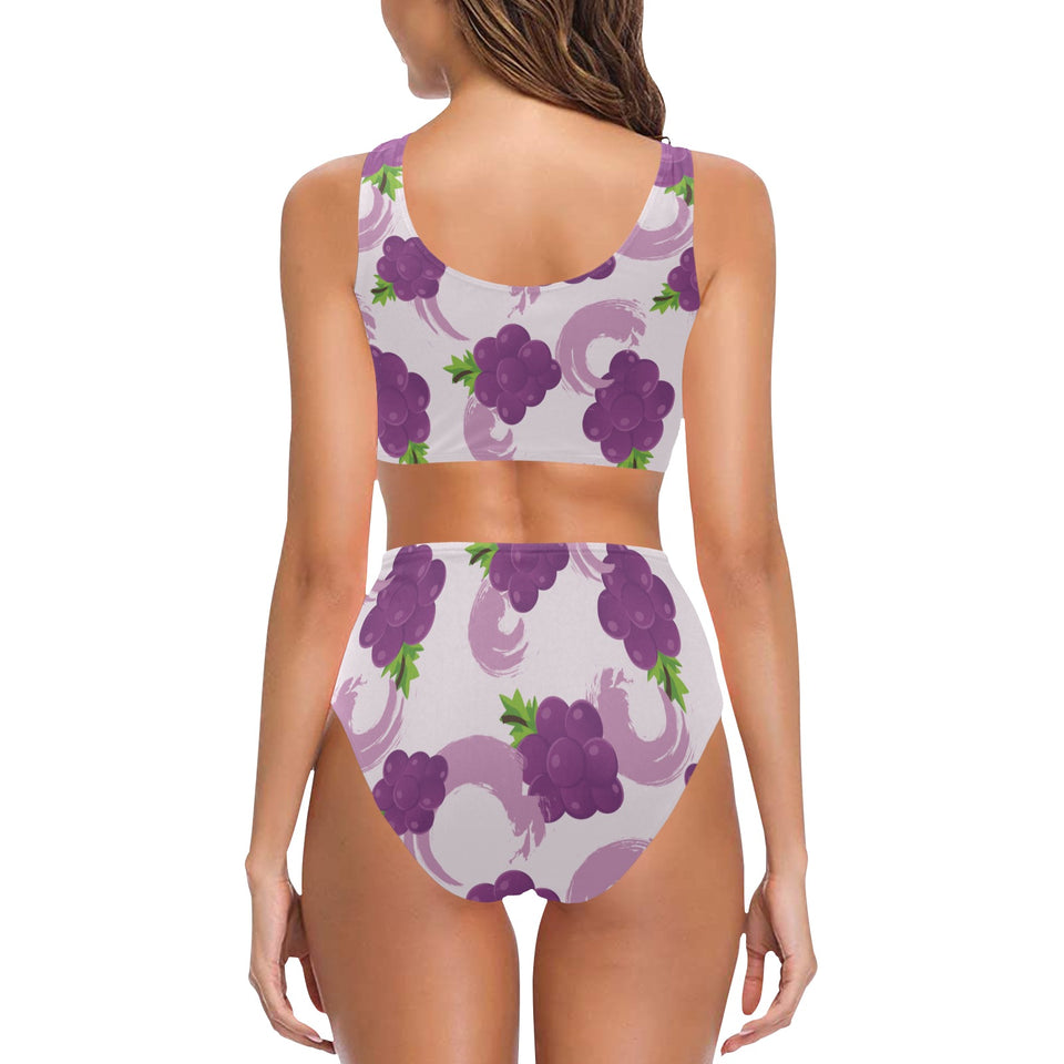 Cute Grape pattern Chest Bowknot High Waisted Bikini Swimsuit