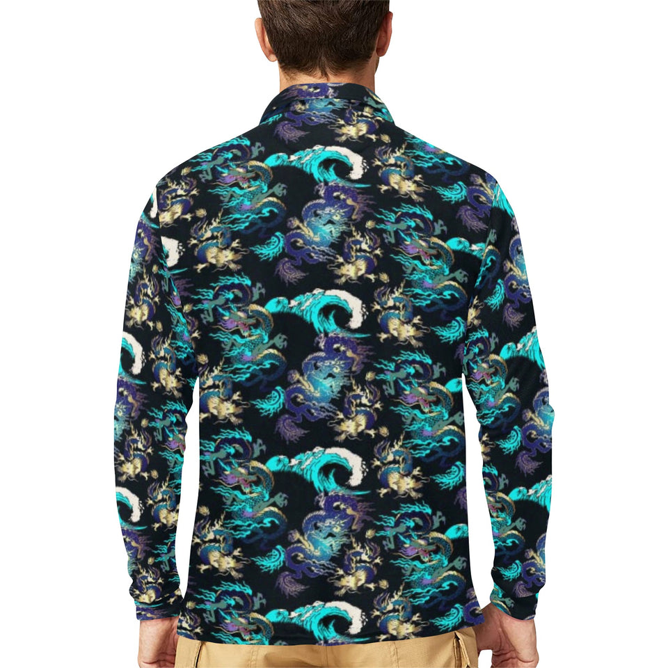 Dragon sea wave pattern Men's Long Sleeve Polo Shirt