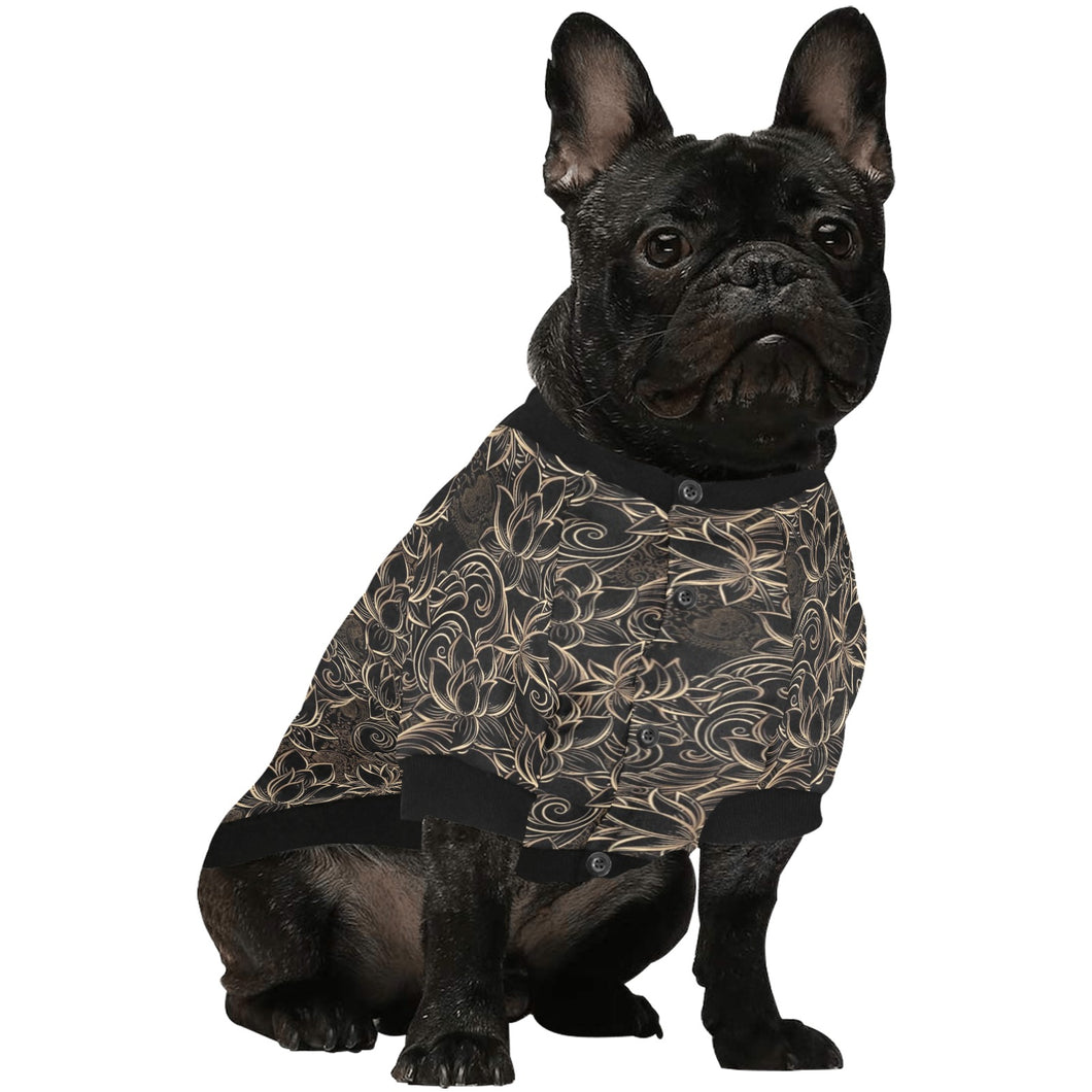 luxurious gold lotus waterlily black background All Over Print Pet Dog Round Neck Fuzzy Shirt