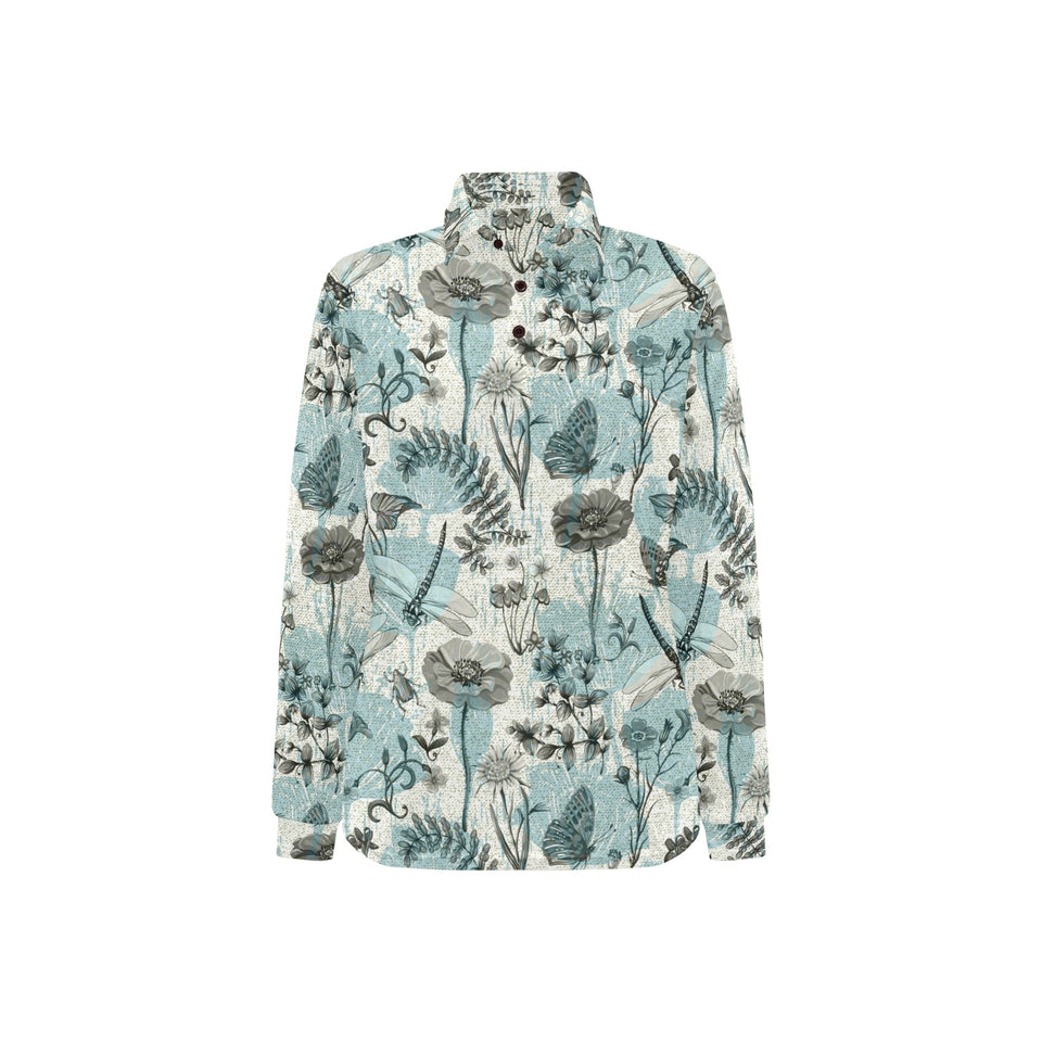 Dragonfly Butterfly Plants insect flower vintage s Women's Long Sleeve Polo Shirt