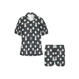 Cute white rabbit polka dots black background Women's V-Neck Short Pajama Set