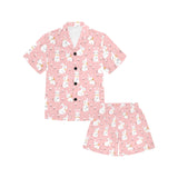 Cute white rabbit flower pink background Kids' Boys' Girls' V-Neck Short Pajama Set