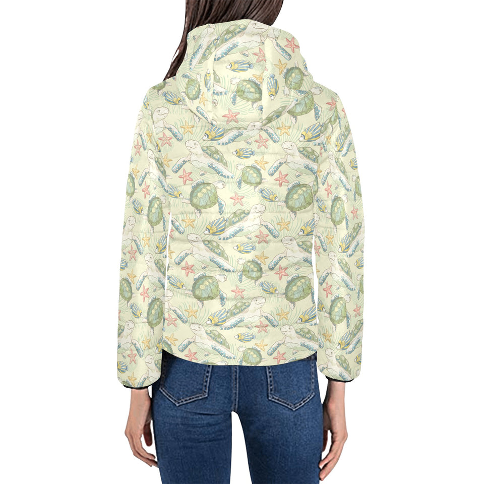 Hand drawn sea turtle fish pattern Women's Padded Hooded Jacket