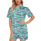 Cute octopuses heart striped background Women's V-Neck Short Pajama Set