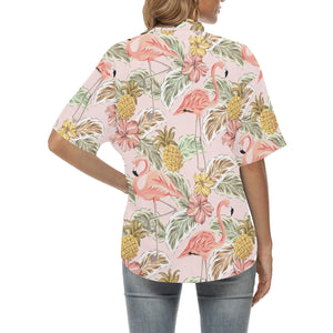 Pink flamingo birds pineapples hibiscus flower pat Women's All Over Print Hawaiian Shirt