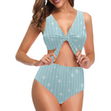 Snowflake pattern blue stripe background Chest Bowknot High Waisted Bikini Swimsuit