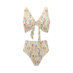 Ice cream cone pattern Chest Bowknot High Waisted Bikini Swimsuit