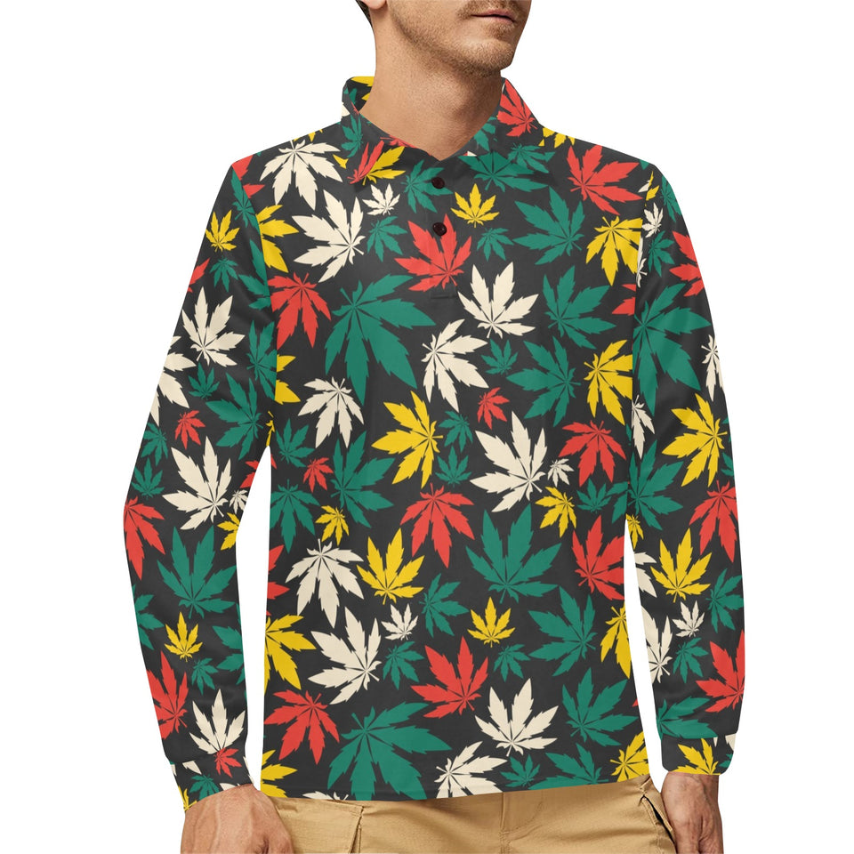 Canabis Marijuana Weed Pattern Print Design 02 Men's Long Sleeve Polo Shirt