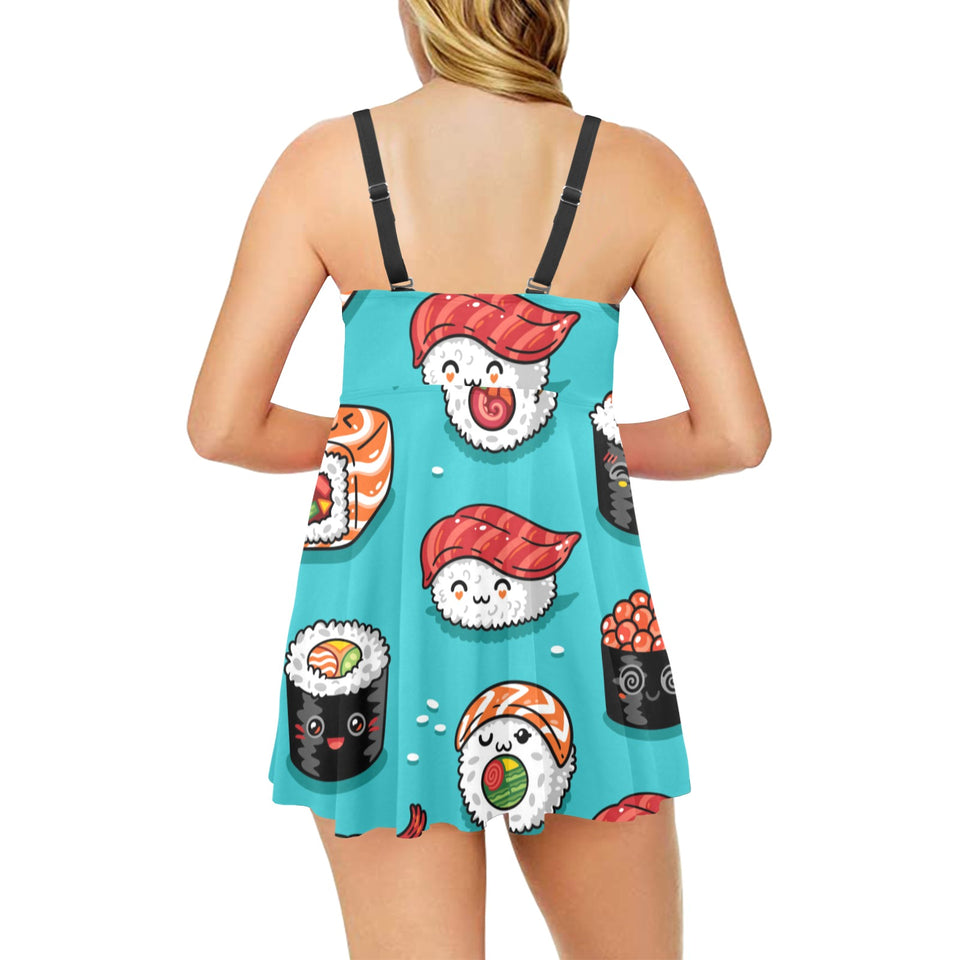 Cute sushi pattern Chest Sexy Pleated Two Piece Swim Dress
