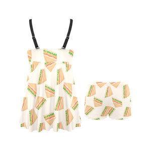 Sandwich Pattern Print Design 01 Chest Sexy Pleated Two Piece Swim Dress
