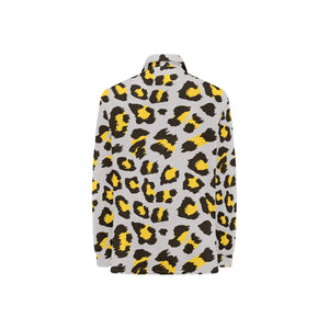 Gray Leopard print pattern Women's Long Sleeve Polo Shirt