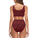 Rose Pattern Print Design 03 Chest Bowknot High Waisted Bikini Swimsuit