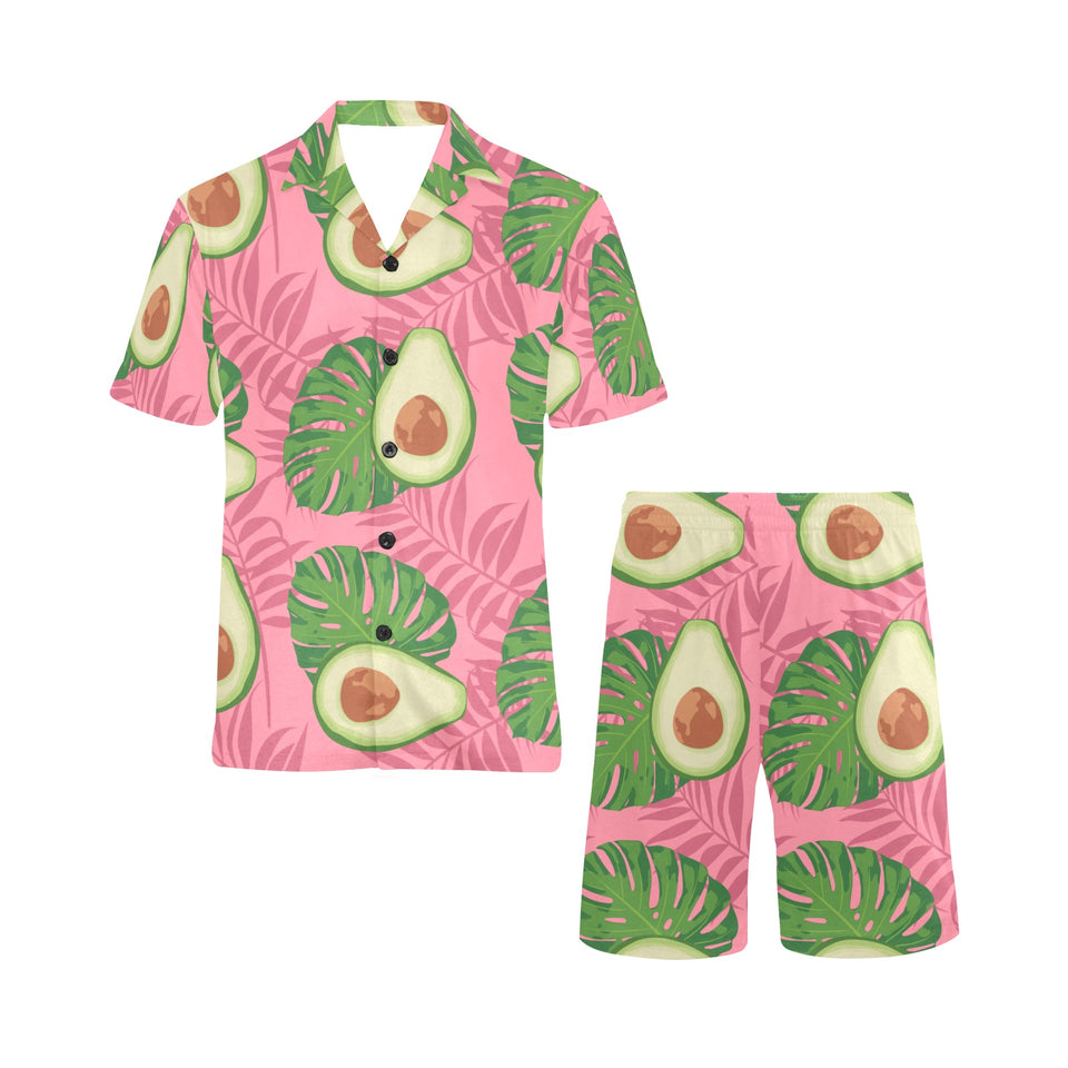 Avocado slices leaves pink back ground Men's V-Neck Short Pajama Set