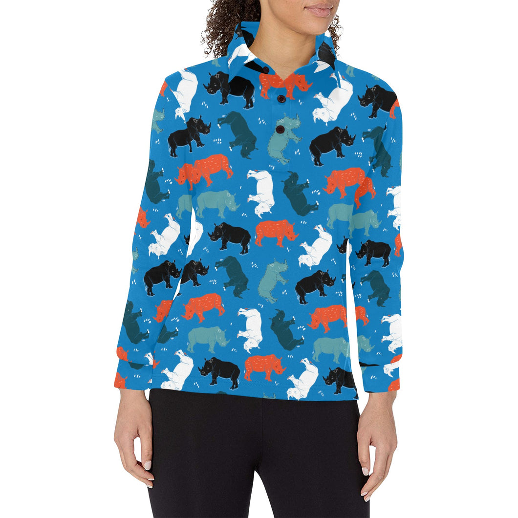 Colorful rhino pattern Women's Long Sleeve Polo Shirt