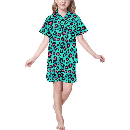 Green leopard skin print pattern Kids' Boys' Girls' V-Neck Short Pajama Set