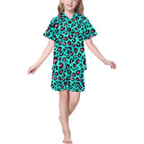 Green leopard skin print pattern Kids' Boys' Girls' V-Neck Short Pajama Set