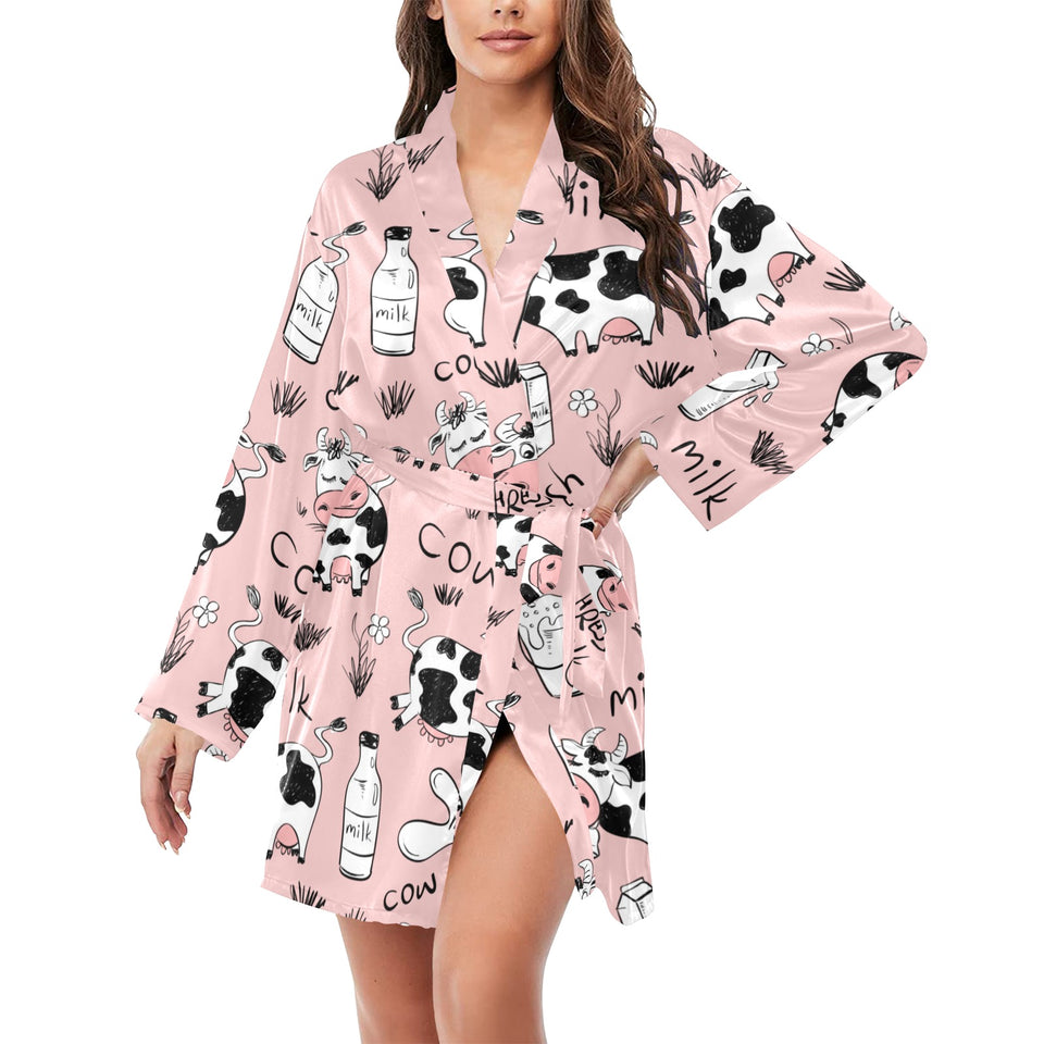 Cows milk product pink background Women's Long Sleeve Belted Night Robe