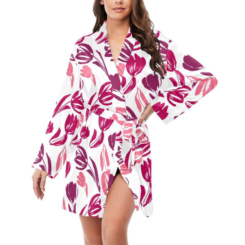 pink sketch tulip pattern Women's Long Sleeve Belted Night Robe