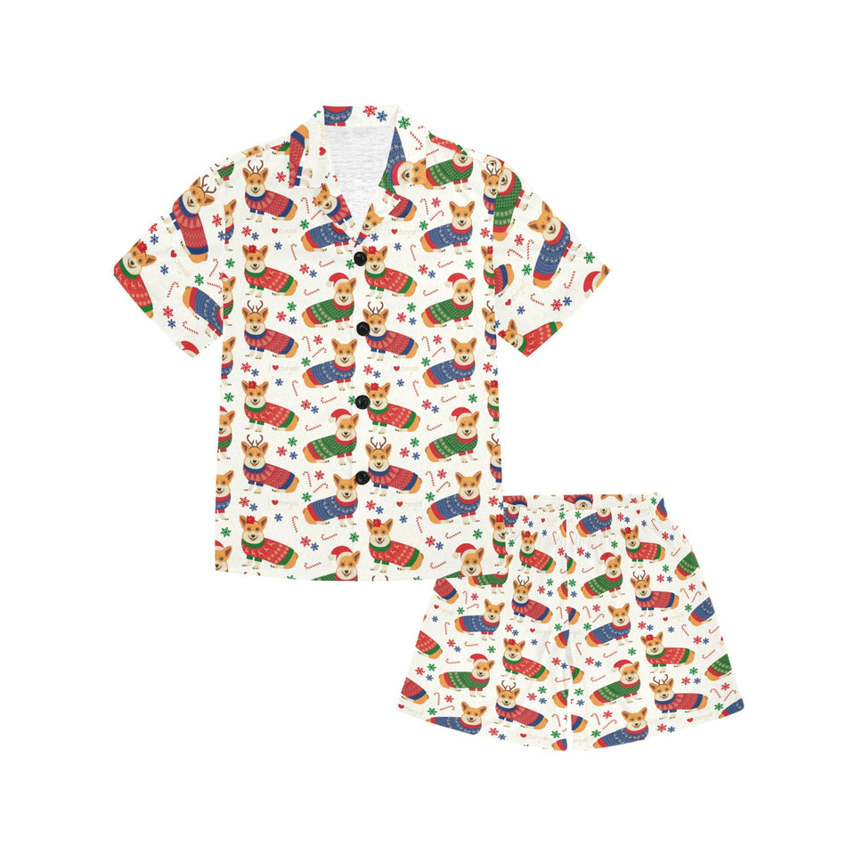 Corgi Christmas Pattern Kids' Boys' Girls' V-Neck Short Pajama Set