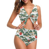Bonsai red sun japanese pattern Chest Bowknot High Waisted Bikini Swimsuit
