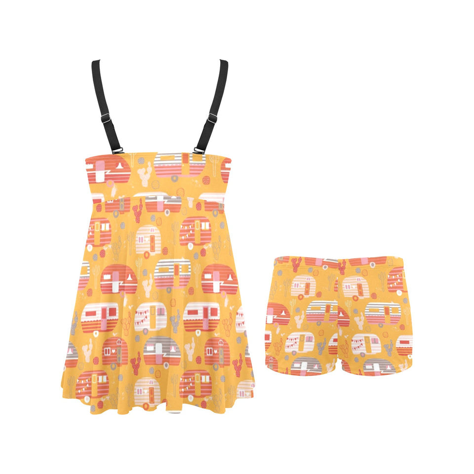 Camper Van Pattern Print Design 04 Chest Sexy Pleated Two Piece Swim Dress