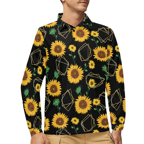 sunflower golden polygonal shapes Men's Long Sleeve Polo Shirt