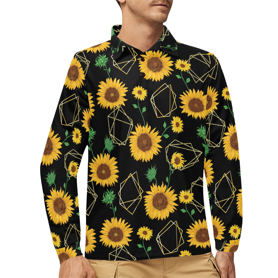 sunflower golden polygonal shapes Men's Long Sleeve Polo Shirt