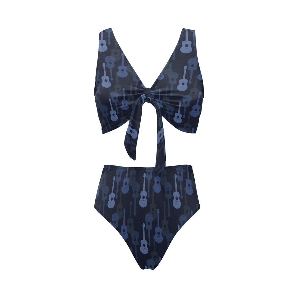 Blue Theme guitar pattern Chest Bowknot High Waisted Bikini Swimsuit