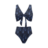 Blue Theme guitar pattern Chest Bowknot High Waisted Bikini Swimsuit