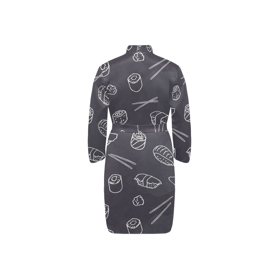sushi pattern black background Men's Long Sleeve Belted Night Robe
