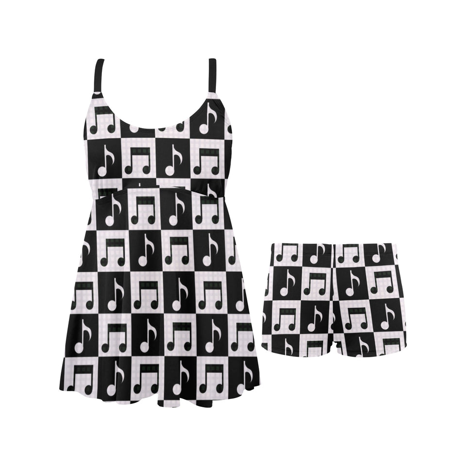 Music Notes Pattern Print Design 01 Chest Sexy Pleated Two Piece Swim Dress