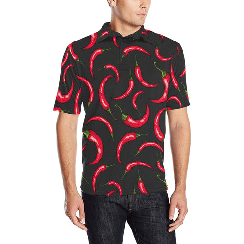 Chili peppers pattern black background Men's All Over Print Polo Shirt
