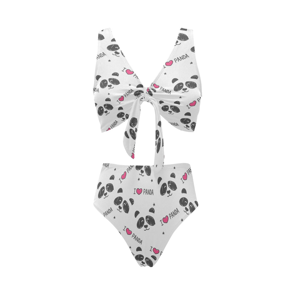Hand Drawn faces of pandas pattern Chest Bowknot High Waisted Bikini Swimsuit