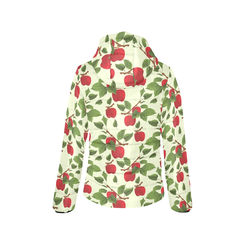 Red apples leaves pattern Women's Padded Hooded Jacket