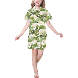 White orchid flower tropical leaves pattern Kids' Boys' Girls' V-Neck Short Pajama Set