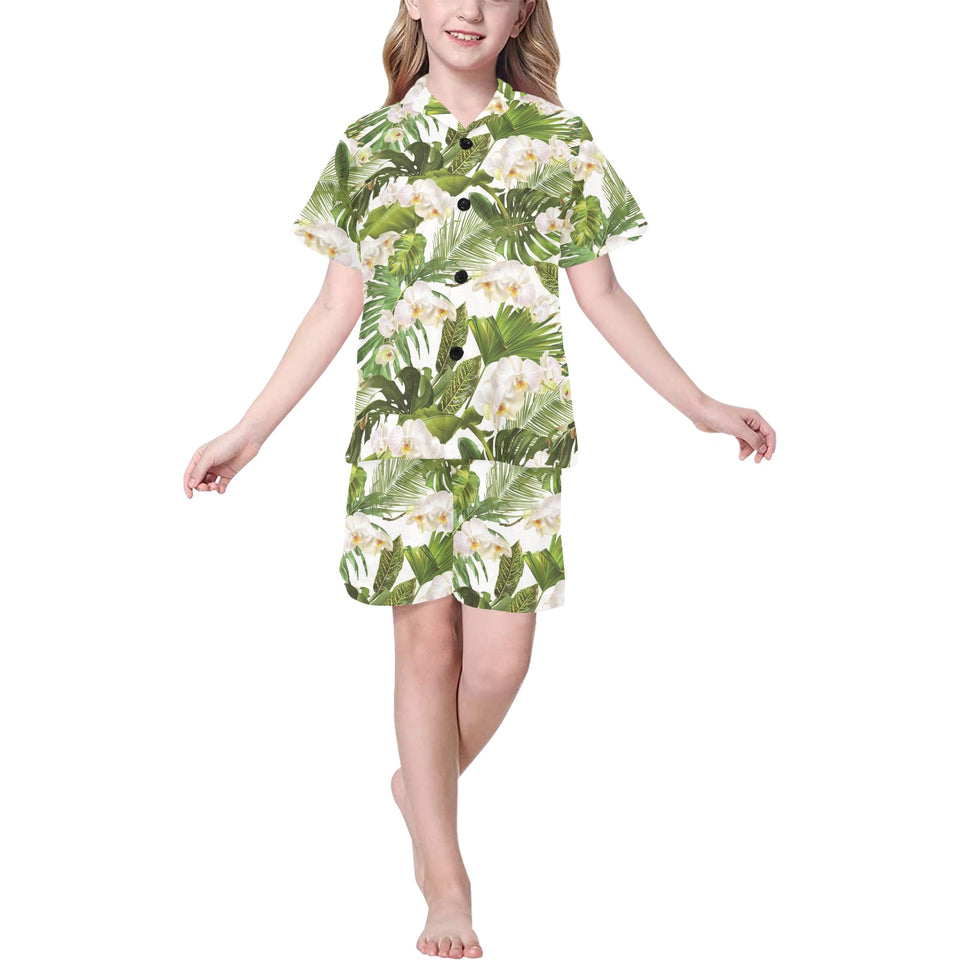 White orchid flower tropical leaves pattern Kids' Boys' Girls' V-Neck Short Pajama Set