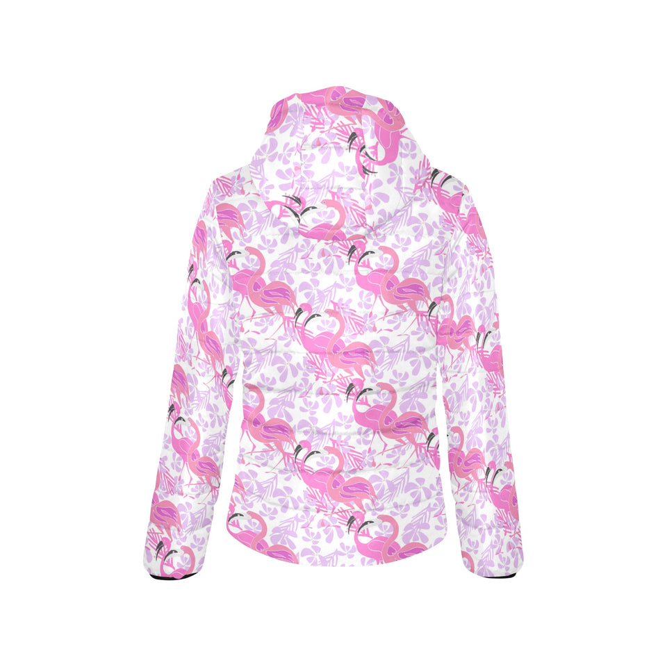 Pink flamingo flower pattern Women's Padded Hooded Jacket