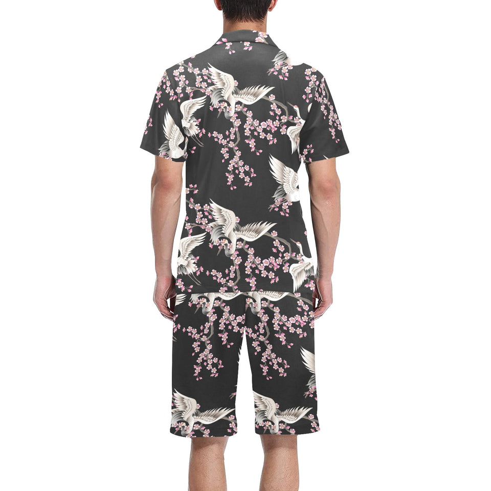 Japanese crane pink sakura pattern Men's V-Neck Short Pajama Set