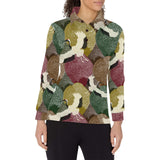Japanese cranes flying forest dot pattern Women's Long Sleeve Polo Shirt