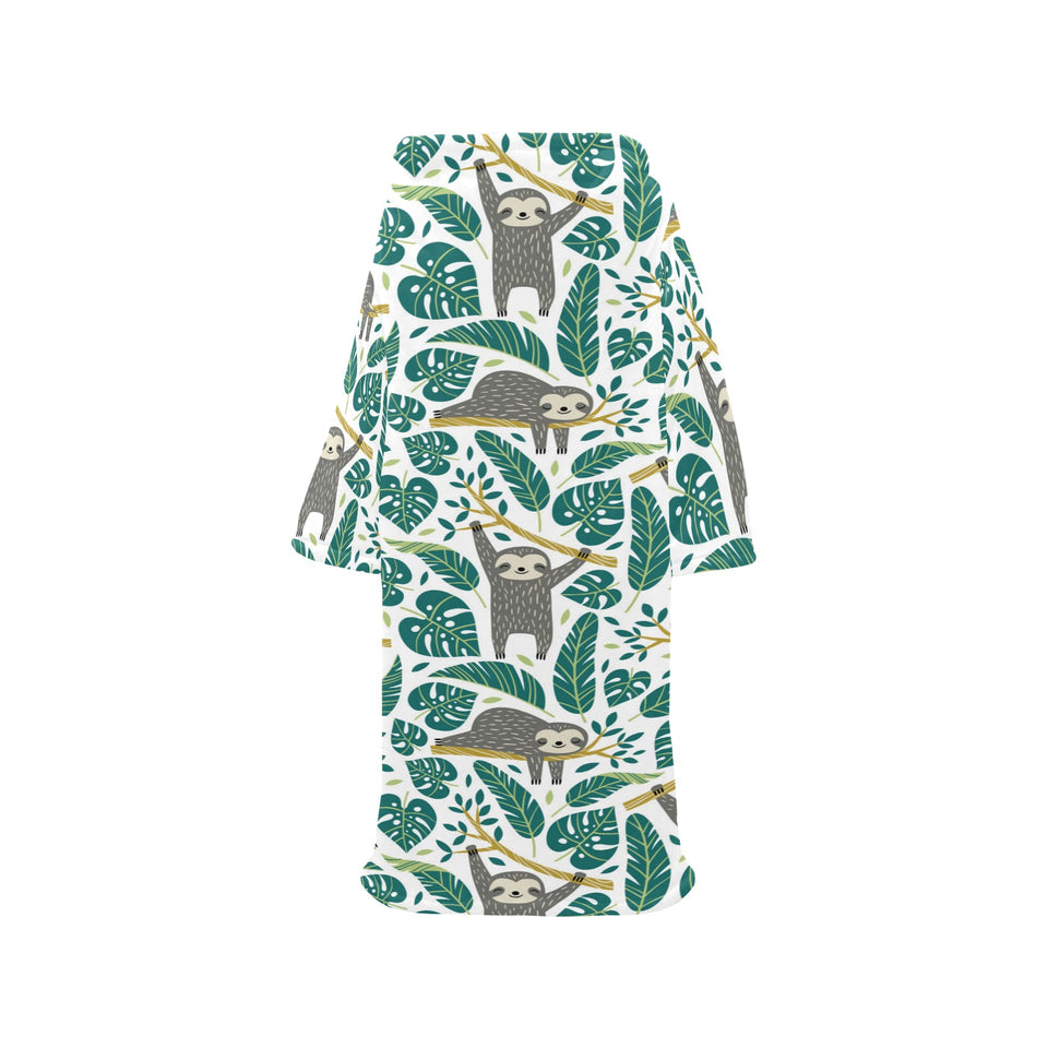 Cute sloths tropical palm leaves white background Blanket Robe with Sleeves