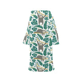 Cute sloths tropical palm leaves white background Blanket Robe with Sleeves