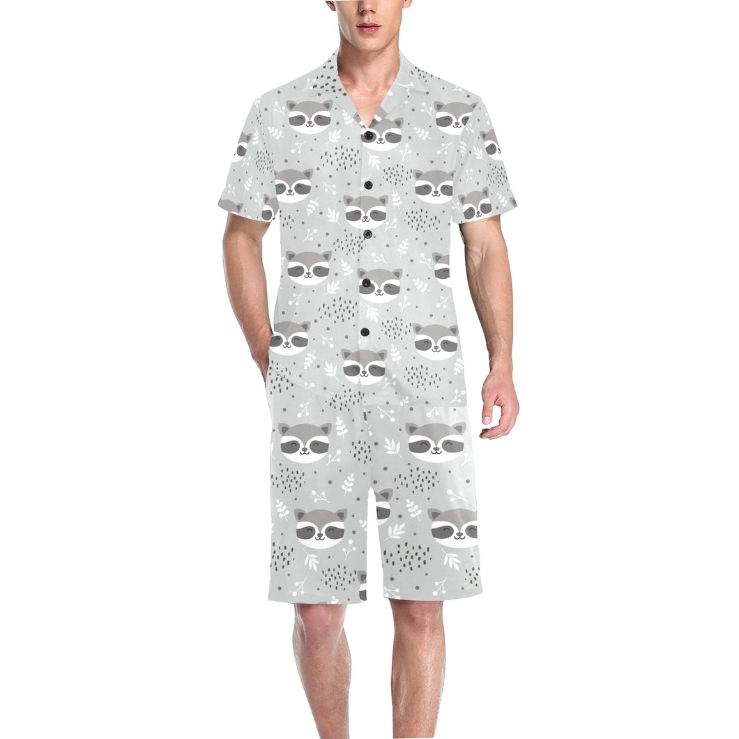 Cute raccoons leaves dot Men's V-Neck Short Pajama Set