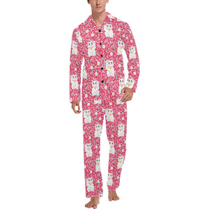 Maneki neko cat sakura pink background Men's Long Pajama Set