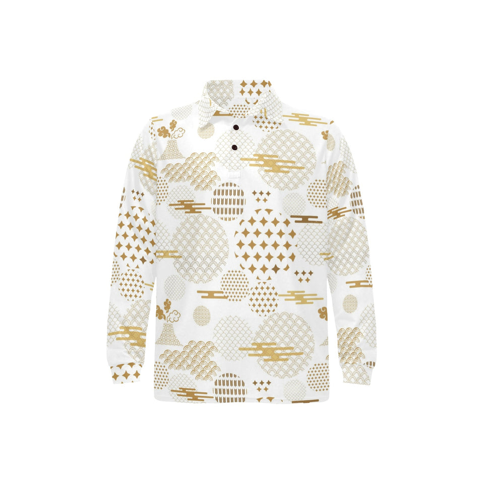 Beautiful gold japanese pattern Men's Long Sleeve Polo Shirt