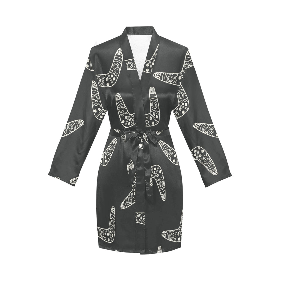 Hand drawn boomerang Australian aboriginal ornamen Women's Long Sleeve Belted Night Robe